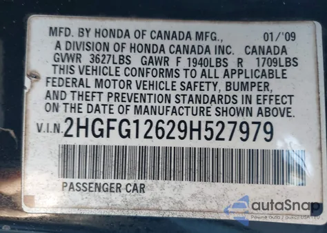 2009 Honda Civic Lx z USA, uszkodzony, nr VIN 2HGFG12629H527979